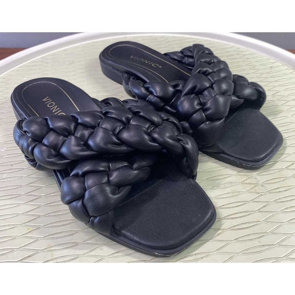 Vionic Kalina Women Slip On Sandal Flat Slide Black Braided 7-7.5 EUC